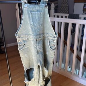 Distressed Sage Green Denim Overalls